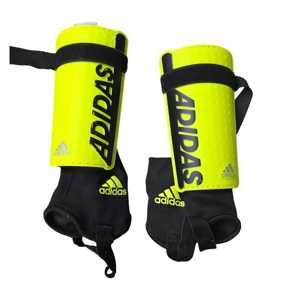 Adidas Soccer Shin Guards Neon Yellow Black Ankle Straps Size Large EN‎ 13061 Z3